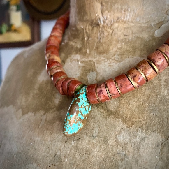 Vintage Jewelry - ANTIQUE RAW AFRICAN BAUXITE STONE & NEVADA TURQUOISE CHOKER